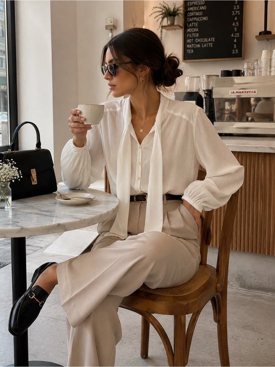 Wilfred Tops - Wilfred Pleated Tie-Neck Blouse Cream Size M | Sheer Romantic Top